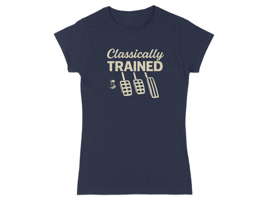 Navy t-shirt with "Classically Trained" text and pedal graphic.