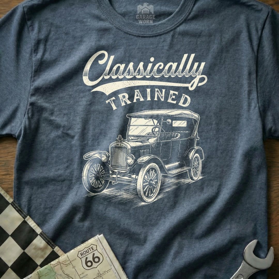 T-shirt with "Classically Trained" text and sketch of vintage car.