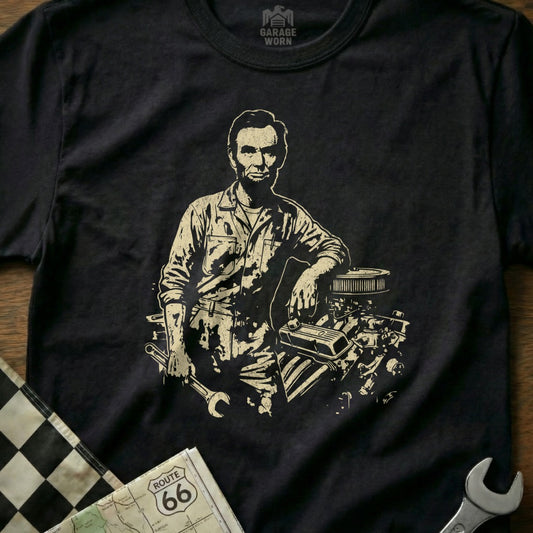 Abraham Lincoln leaning on engine parts, holding a wrench.