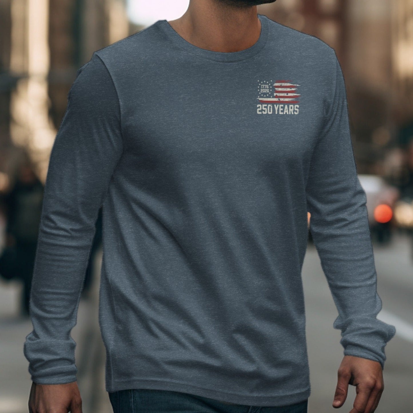 Heather grey long sleeve shirt with distressed American flag and "250 Years" text.