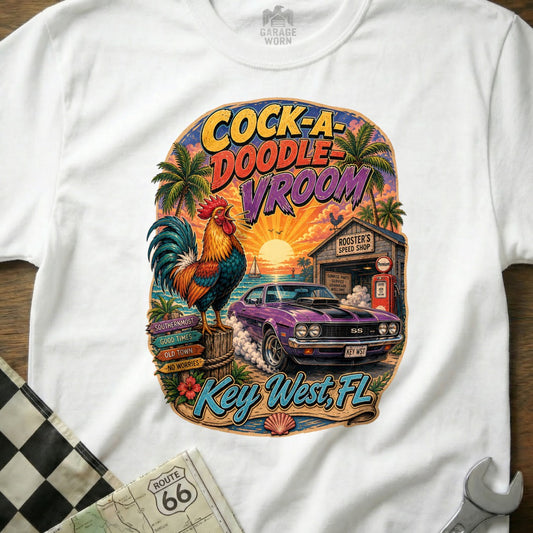 T-shirt graphic: Rooster, purple muscle car, speed shop, sunset, Key West, FL.