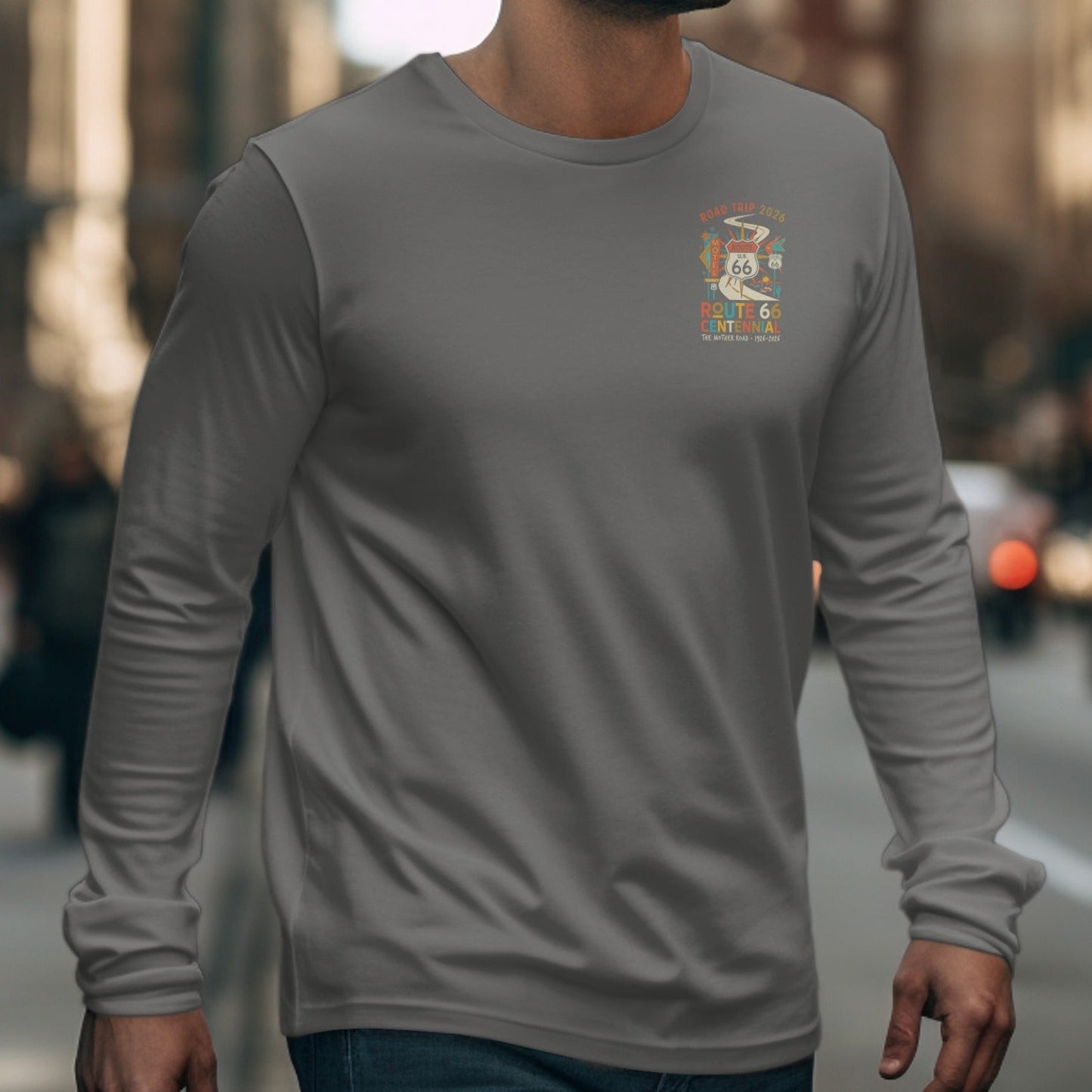 Gray long-sleeve shirt with Route 66 Centennial graphic on chest.