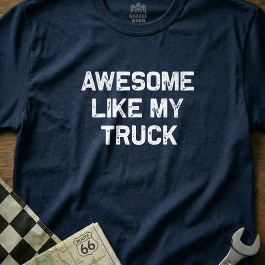Navy t-shirt with white text "Awesome Like My Truck" and checkered flag.