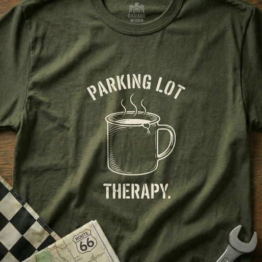 Green t-shirt with "Parking Lot Therapy" text and steaming coffee mug graphic.