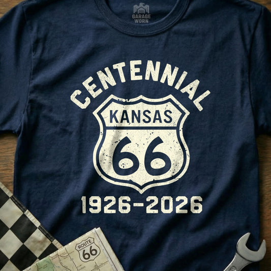 Navy t-shirt with "Centennial Kansas Route 66 1926-2026" graphic.