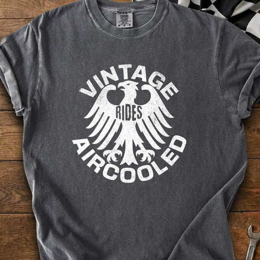 Charcoal t-shirt with white graphic of an eagle and text "VINTAGE RIDES AIRCOOLED".