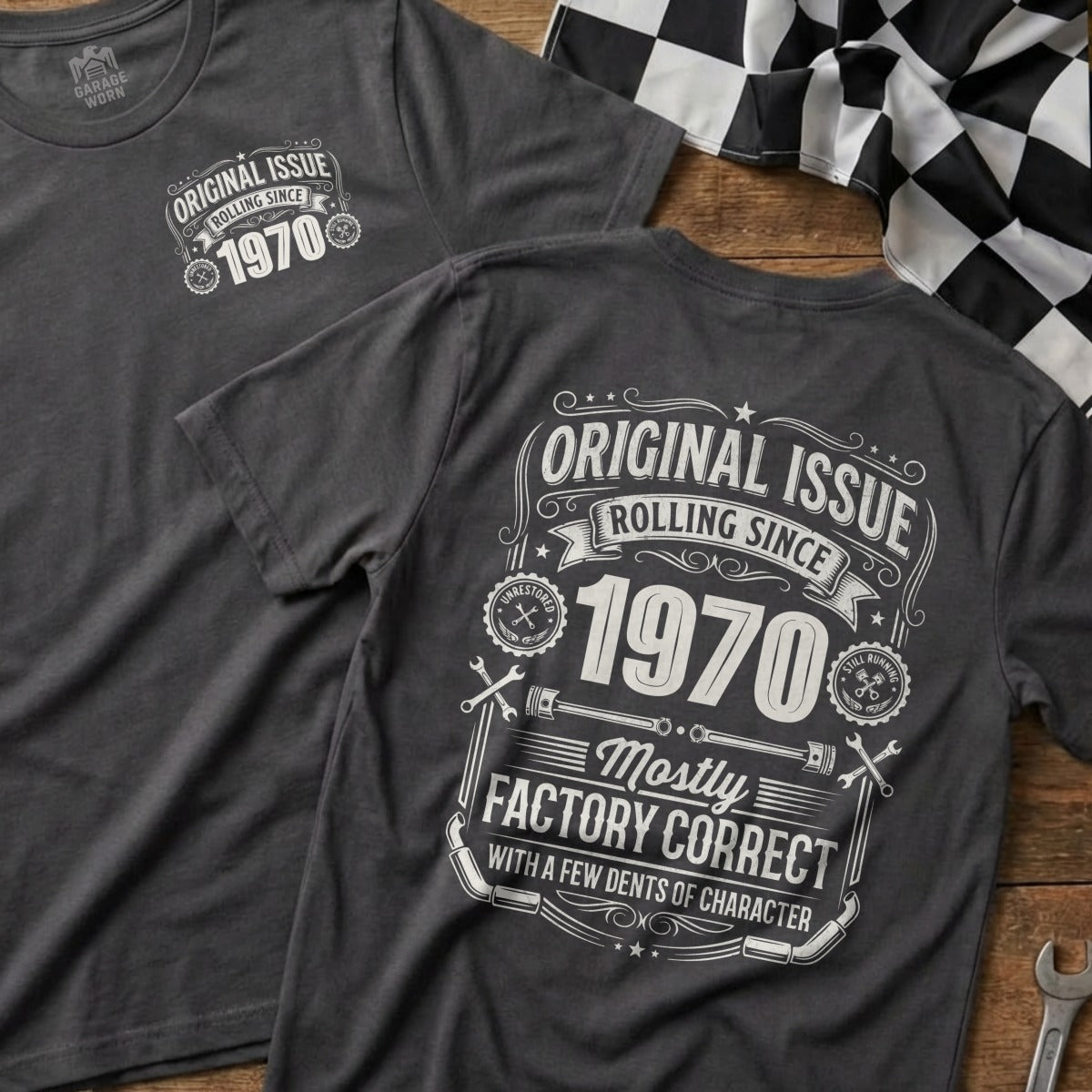 Dark grey t-shirts with "Original Issue Rolling Since 1970" and "Mostly Factory Correct" graphics.