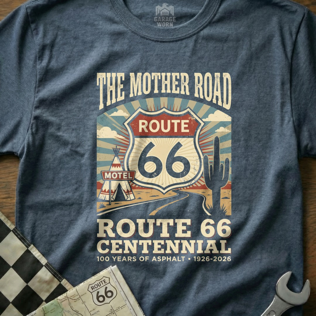 Route 66 Centennial t-shirt featuring a motel, cactus, and road sign.