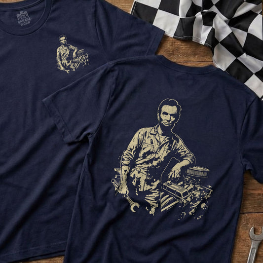 Abraham Lincoln leaning on a car engine with tools.