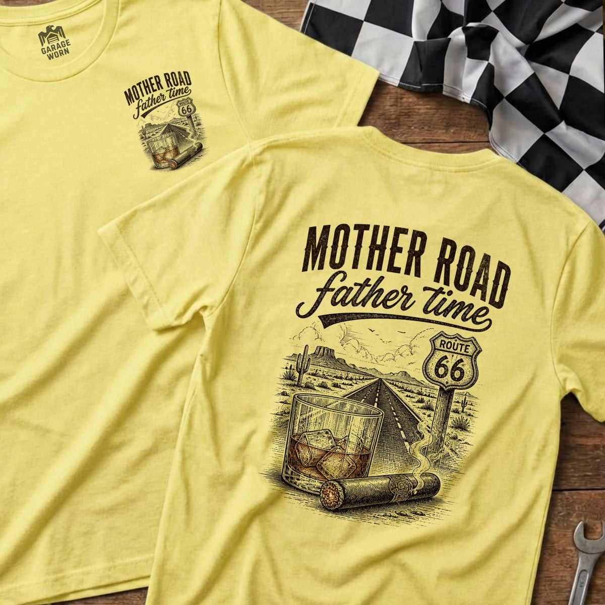 Yellow t-shirts with "Mother Road Father Time" text and Route 66 desert scene.