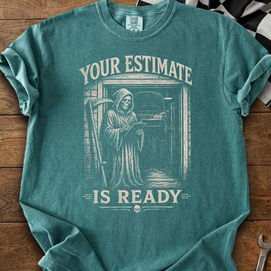 Grim reaper holding clipboard in garage, "Your Estimate Is Ready" text.