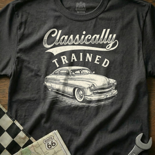 T-shirt with "Classically Trained" text and vintage car illustration.