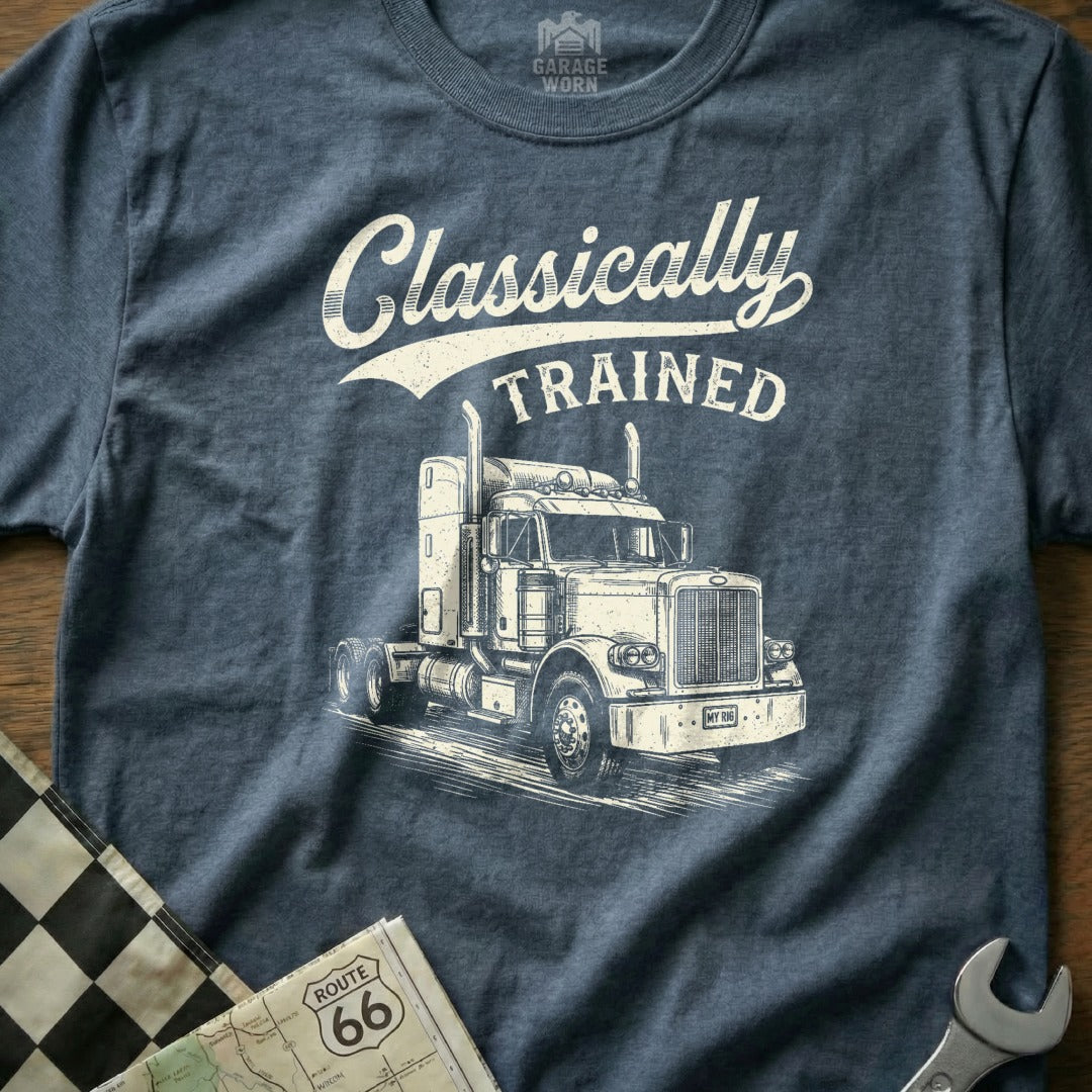 T-shirt with a vintage semi-truck graphic and "Classically Trained" text.