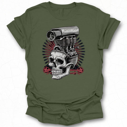 Skull and Engine Graphic Olive Green T-Shirt