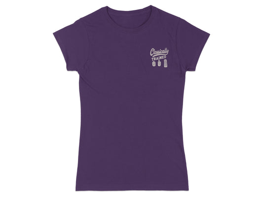Purple t-shirt with "Classically Trained" and gear shift graphic.