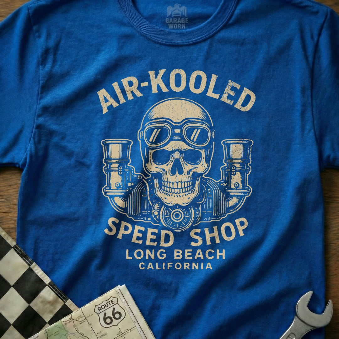 Blue t-shirt with "Air-Kooled Speed Shop Long Beach California" and skull graphic.
