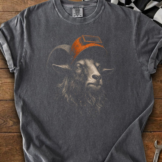 T-shirt with ram wearing a welding mask and the text "COMFORT COLORS" on the tag.