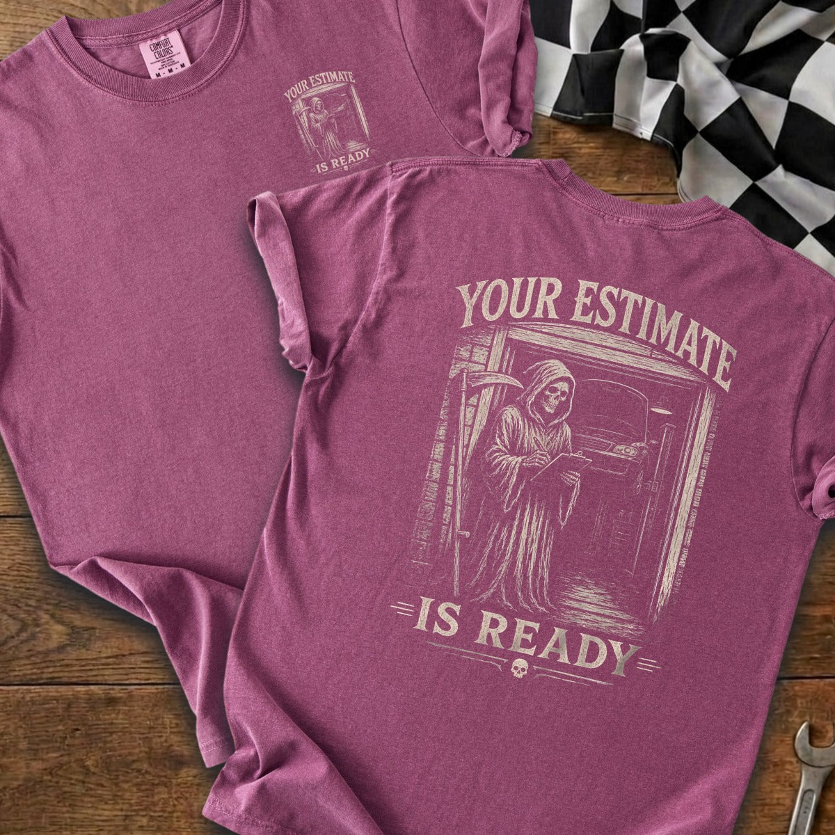 T-shirt with grim reaper holding clipboard and text "YOUR ESTIMATE IS READY".