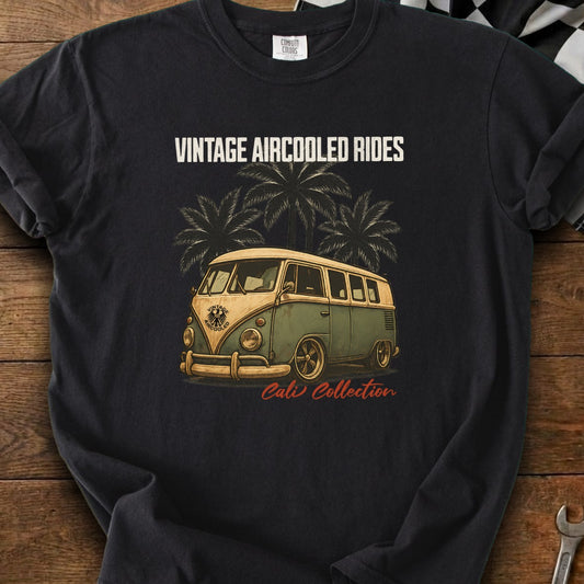 Black t-shirt with vintage van, palm trees, "VINTAGE AIRCOOLED RIDES" and "Cali Collection" text.