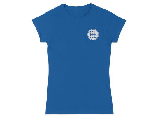 Blue t-shirt with a white circular graphic of a manual transmission shift pattern.