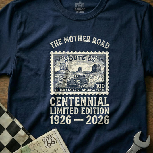 Route 66 Centennial limited edition t-shirt with postage stamp design.