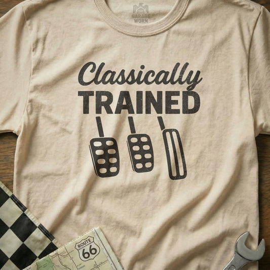 Cream t-shirt with "Classically Trained" and car pedals graphic.