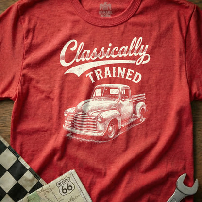 Red t-shirt with "Classically Trained" and a vintage truck design.