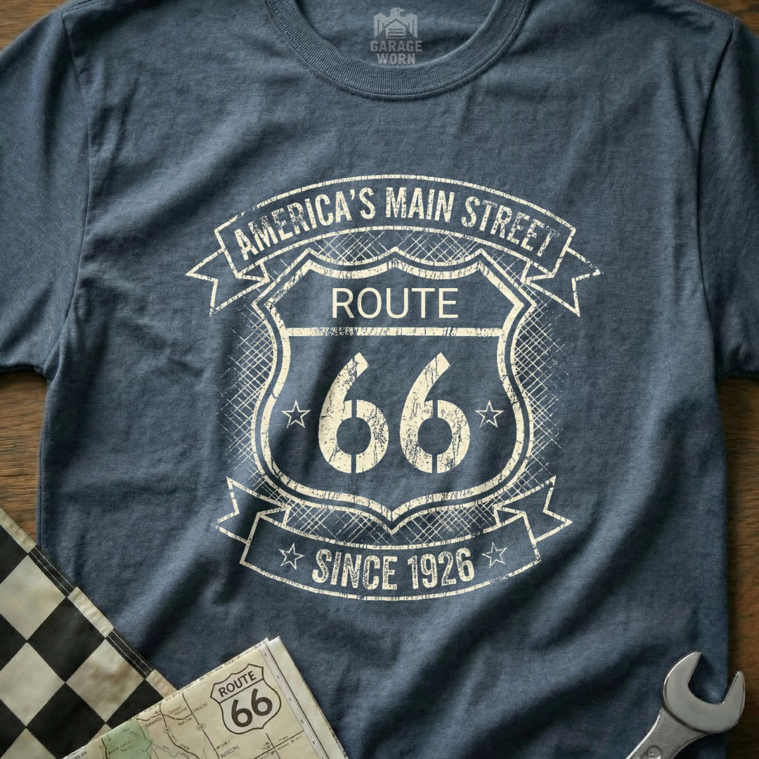 Distressed Route 66 "America's Main Street" t-shirt with "Since 1926".