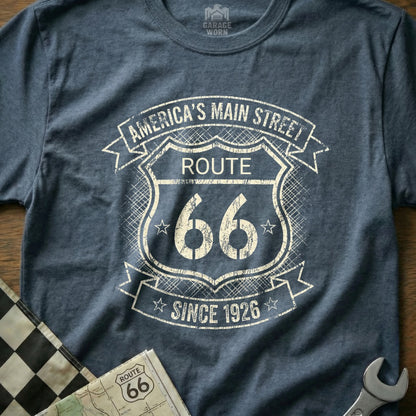 Distressed Route 66 "America's Main Street" t-shirt with "Since 1926".