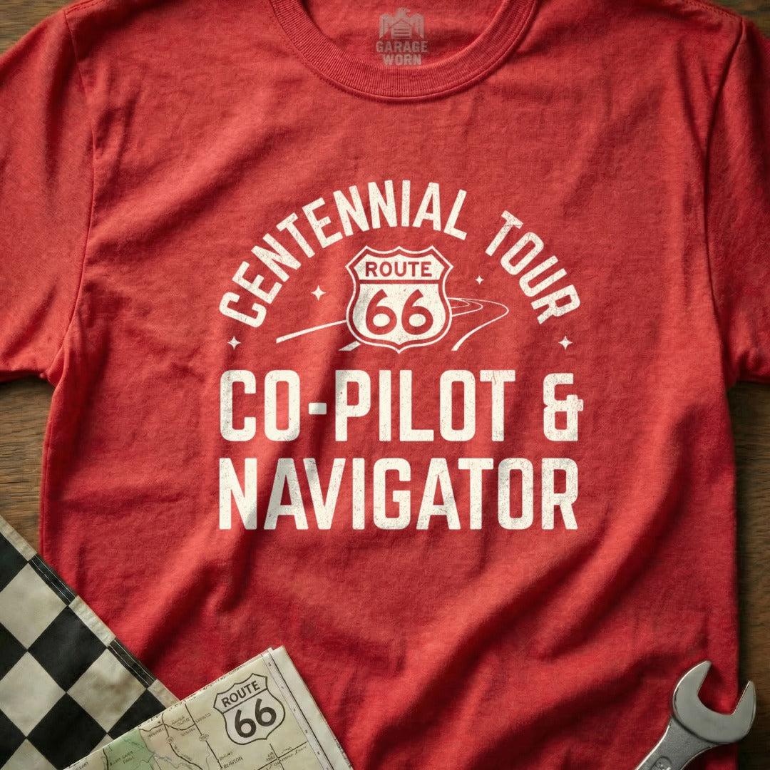 Red t-shirt with "Centennial Route 66 Tour Co-Pilot & Navigator" text.