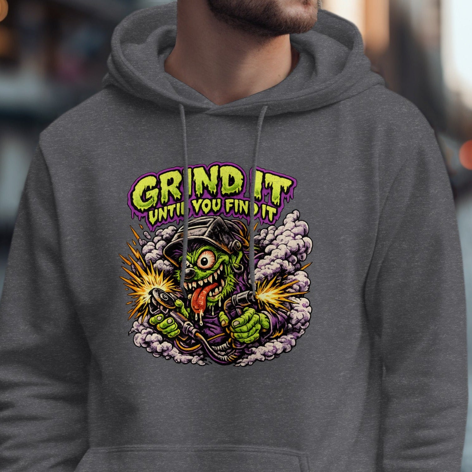 Grind It Until You Find It Hoodie with Monster Print
