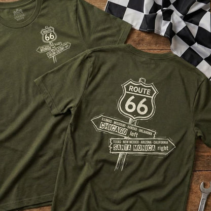 Olive green t-shirt with Route 66 sign pointing Chicago left and Santa Monica right.