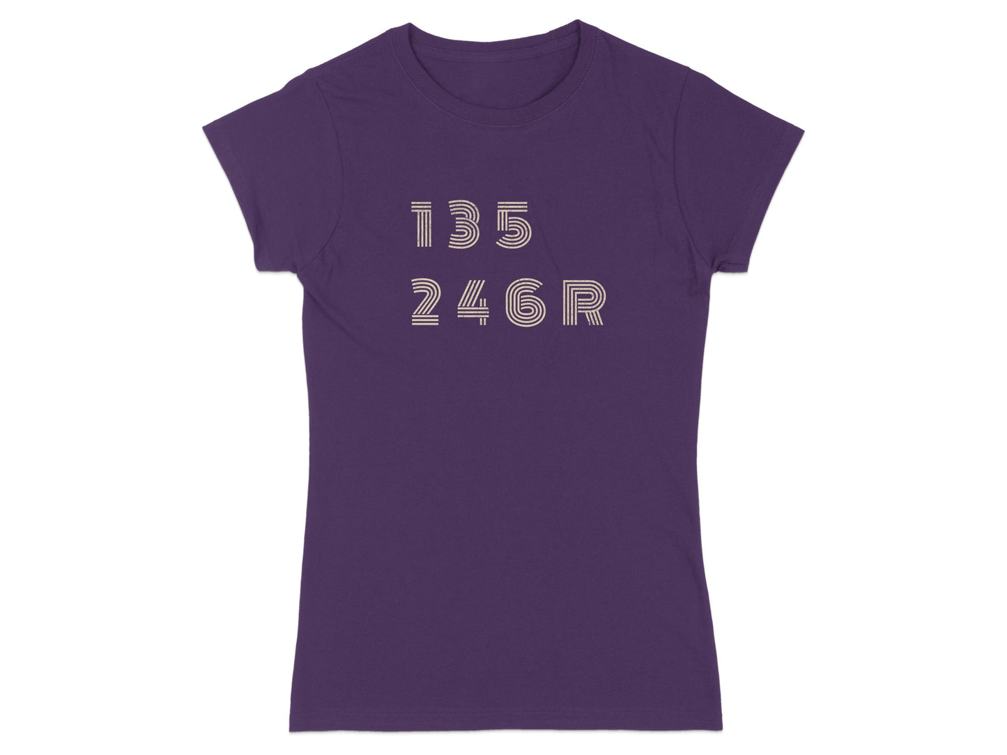 Purple t-shirt with horizontal lines forming the numbers 135 246R.
