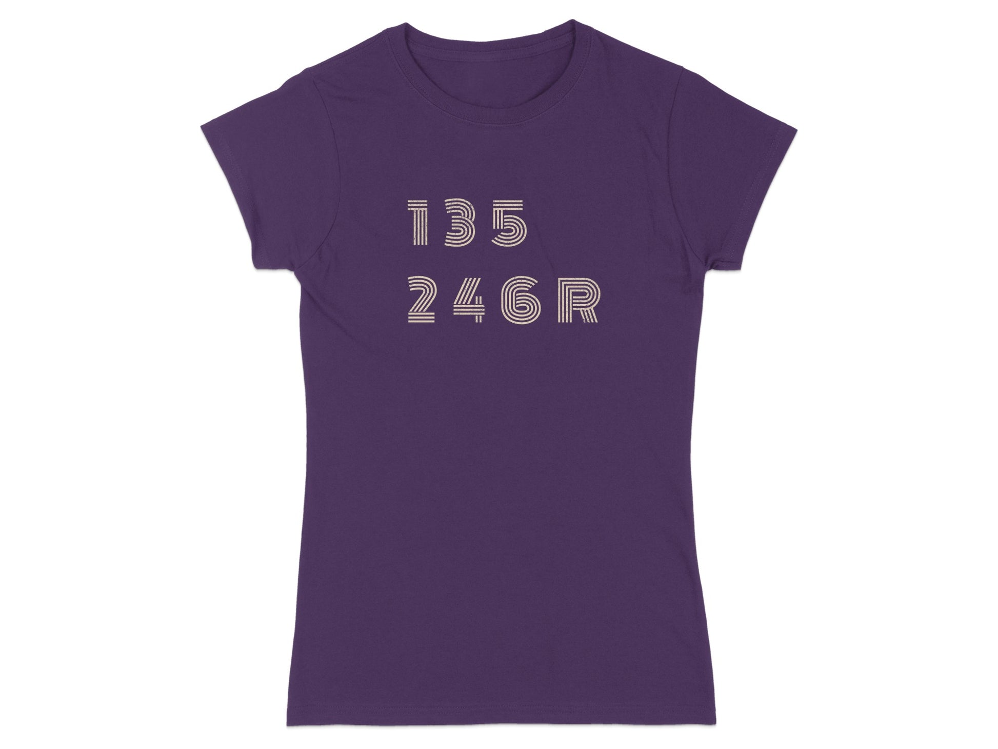 Purple t-shirt with horizontal lines forming the numbers 135 246R.