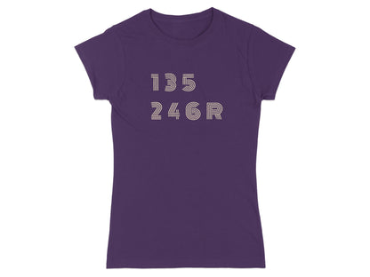 Purple t-shirt with horizontal lines forming the numbers 135 246R.