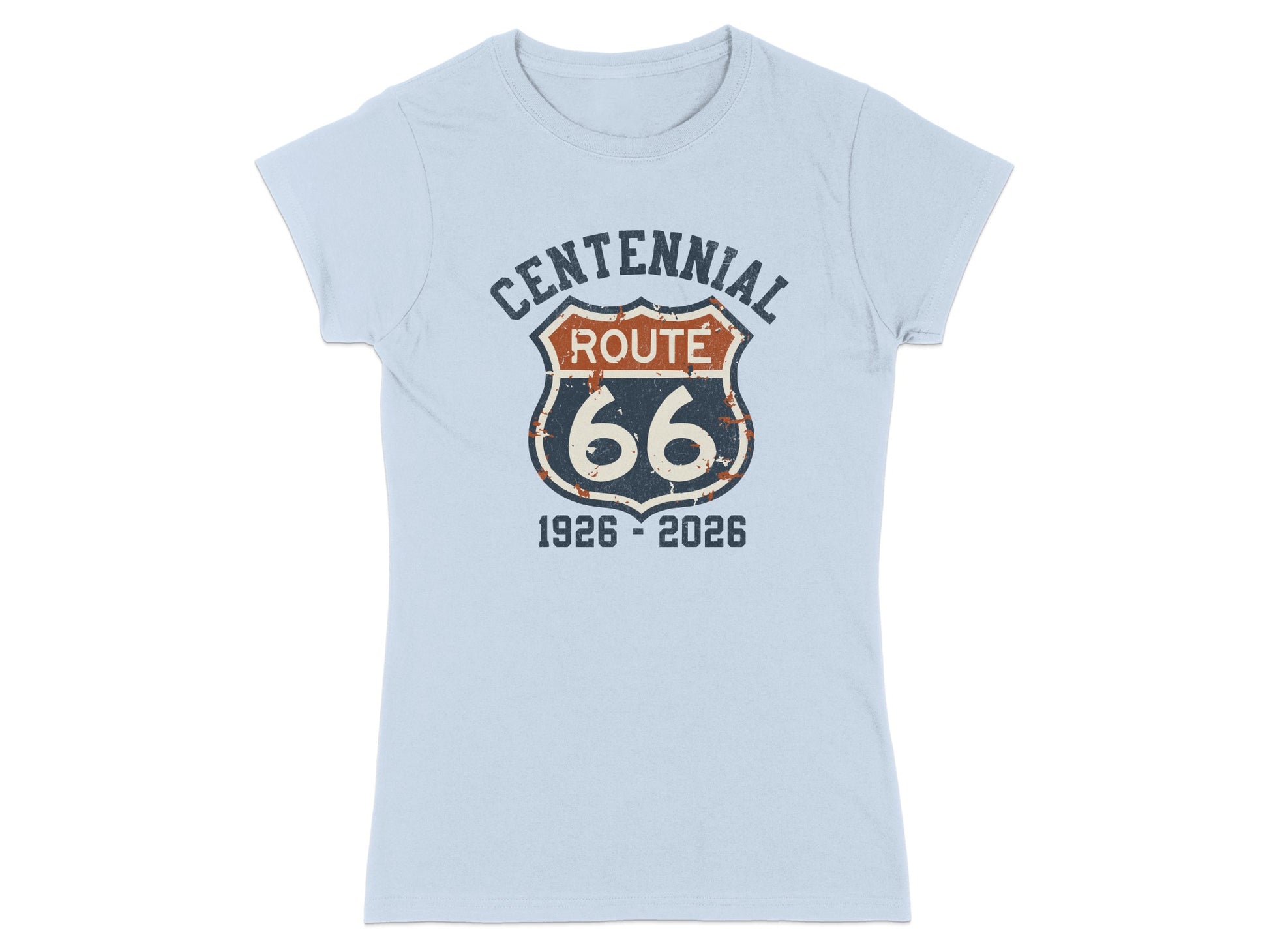 Light blue t-shirt with distressed Route 66 logo and centennial dates.