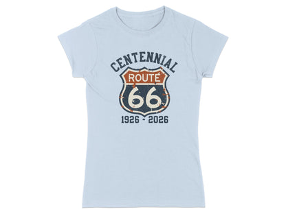 Light blue t-shirt with distressed Route 66 logo and centennial dates.