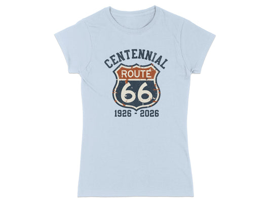Light blue t-shirt with distressed Route 66 logo and centennial dates.