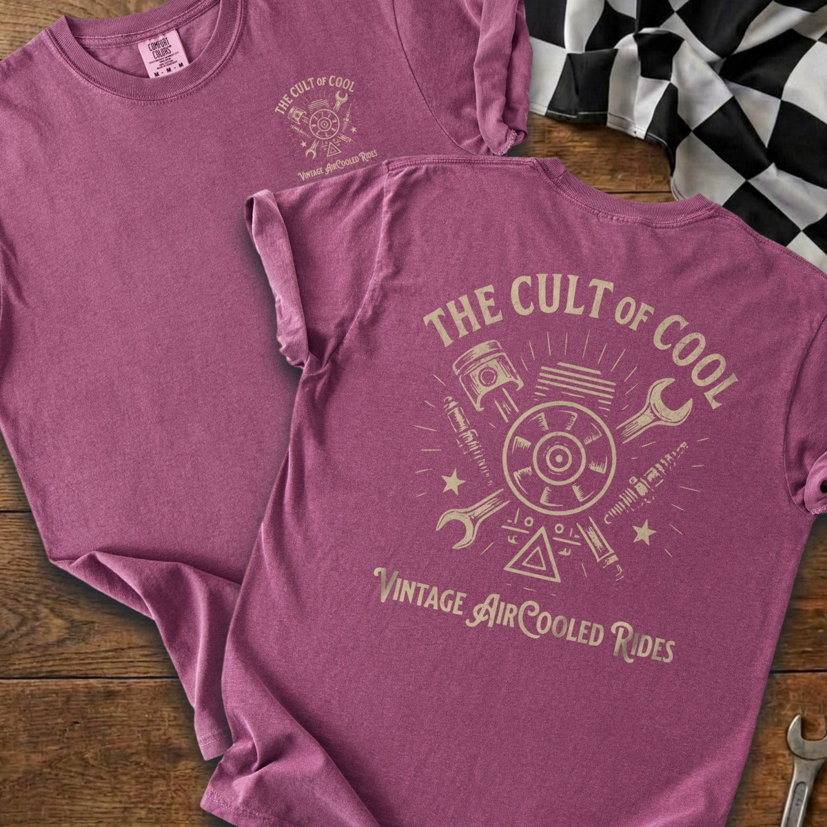 Maroon t-shirt with "The Cult of Cool Vintage Air Cooled Rides" graphic.