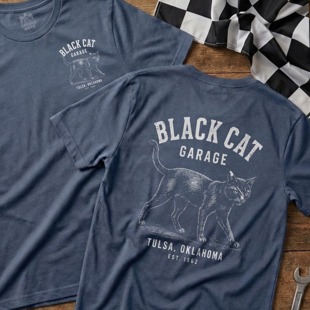 Blue t-shirts with "Black Cat Garage" text and a walking cat graphic.