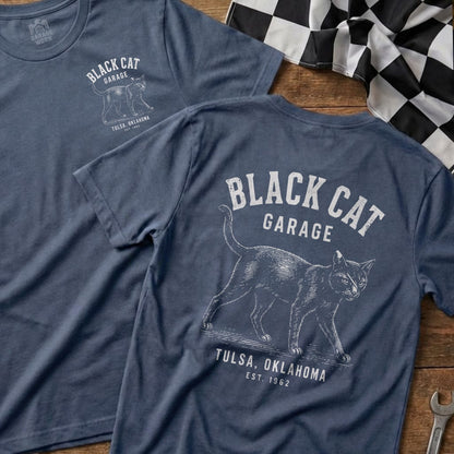 Blue t-shirts with "Black Cat Garage" text and a walking cat graphic.