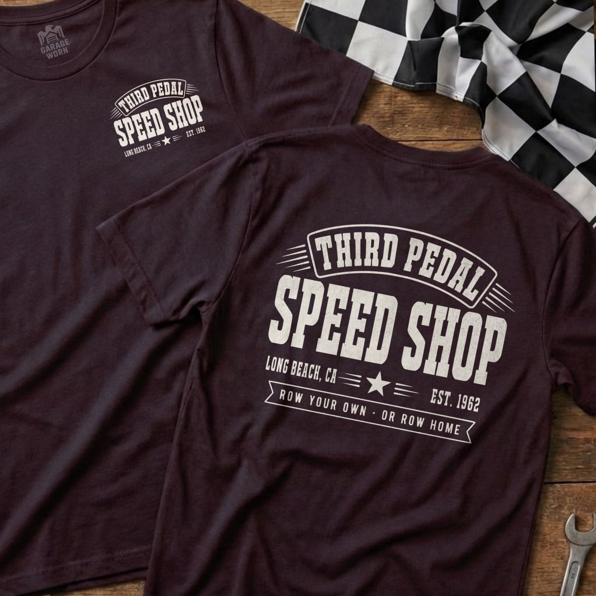 Maroon t-shirt with "Third Pedal Speed Shop" logo and checkered flag detail.