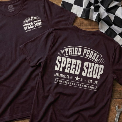 Maroon t-shirt with "Third Pedal Speed Shop" logo and checkered flag detail.