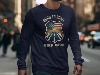 Long sleeve shirt with "Born to Roam" shield graphic featuring road and US flag.