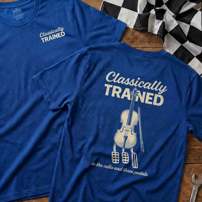 Blue t-shirt with "Classically Trained" and cello graphic on back.