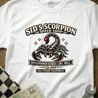 Sid's Scorpion Speed Shop Horsepower Stings Like Hell Shirt