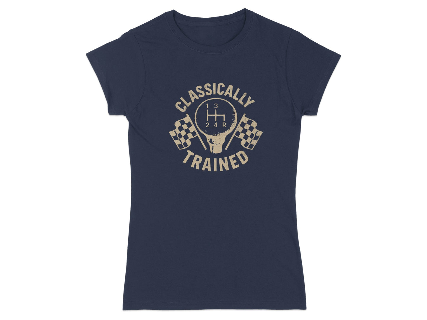 Navy t-shirt with "Classically Trained" text and checkered flags.