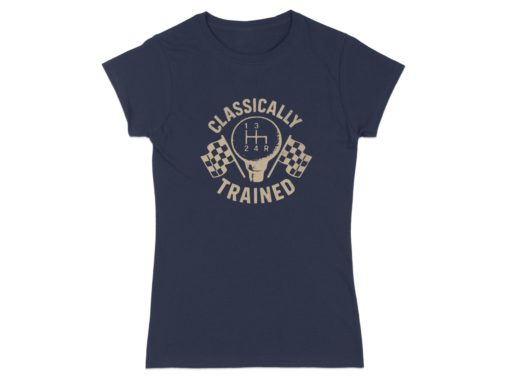 Navy t-shirt with "Classically Trained" text and checkered flags.