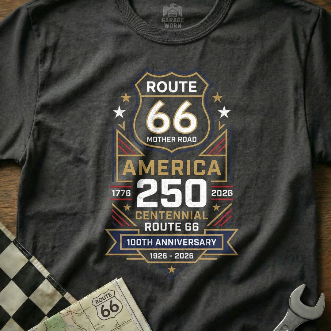 Route 66 100th Anniversary Centennial 1776-2026 graphic on a dark t-shirt.