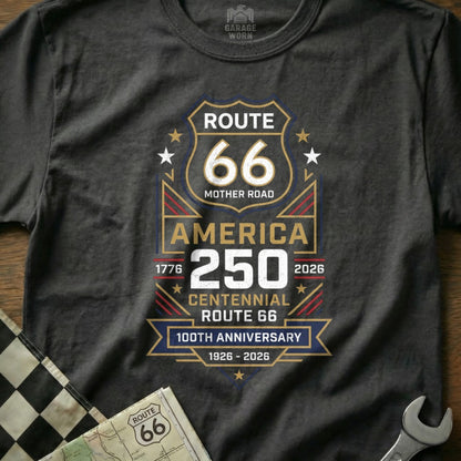 Route 66 100th Anniversary Centennial 1776-2026 graphic on a dark t-shirt.